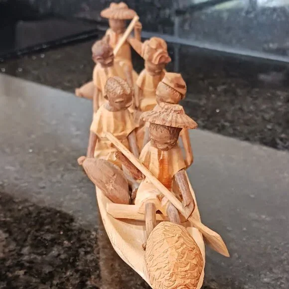 Folk Art Sculpture Carving Ghanaian Boat People (6) Vintage, 12 inches - Picture 7 of 13